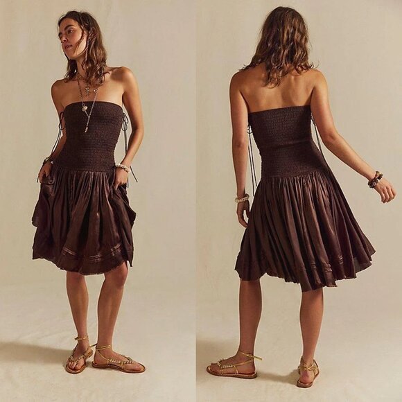 NWT New $128 Free People FP One Maya Convertible Midi Skirt Brown Dress Size L - Picture 1 of 10